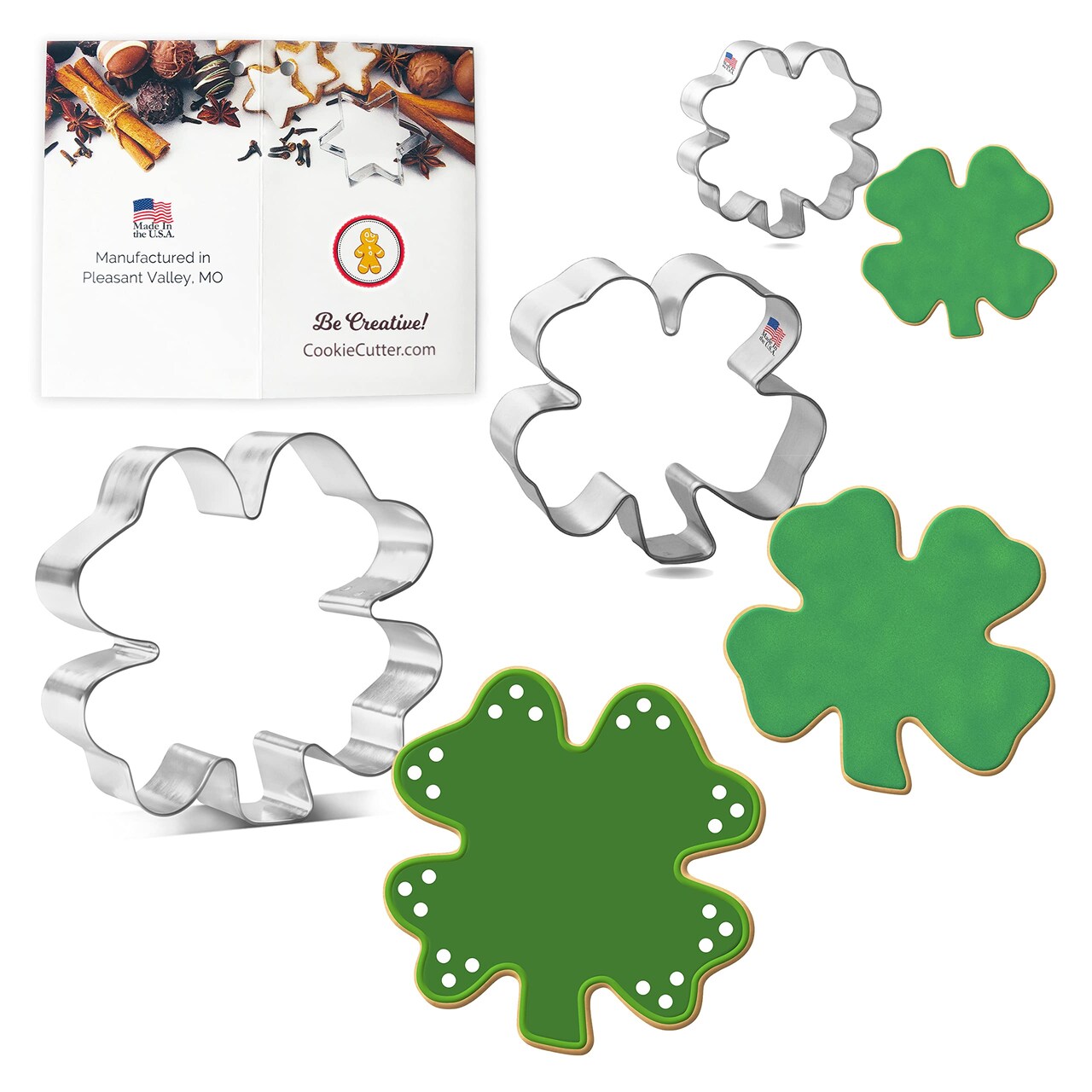 CookieCutter.Com Four Leaf Clover Cookie Cutter 3 Pc Set - USA Tin Plated Steel
